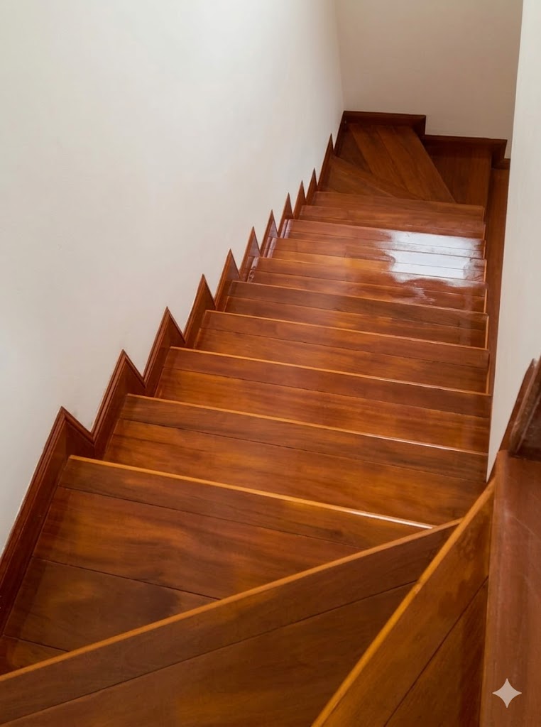 Escalera gradas de madera caoba brillante fabricadas a medida en Quito — JOMAD carpintería